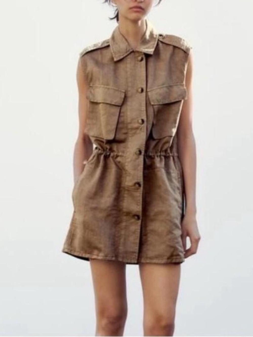 Zara Tan Safari Cargo Buttoned Mini Dress. Waist Drawstring.
